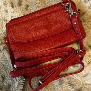 Red Leather Wristlet Clutch / Shoulder Bag